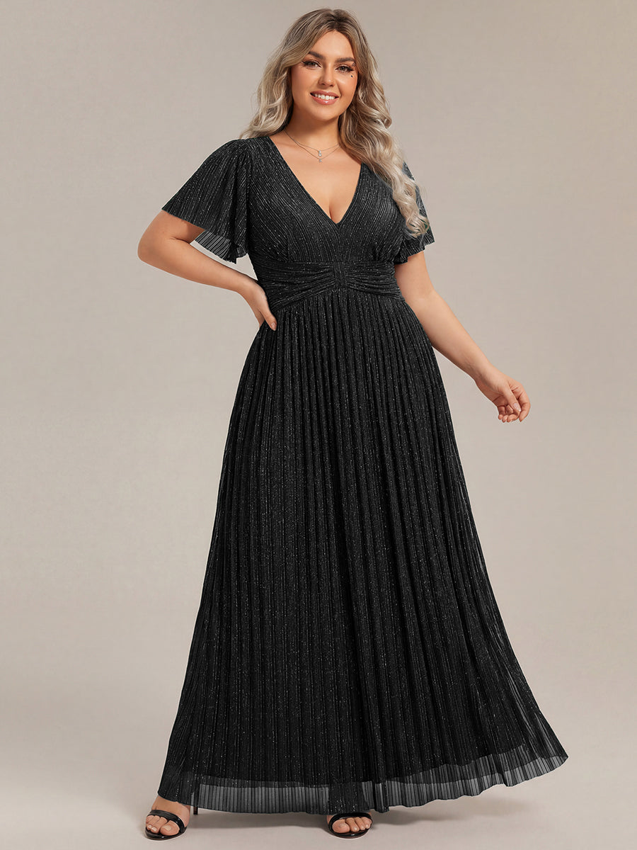 Plus Size V-Neck Glittery Short Sleeves Formal Evening Dress with Empire Waist #color_Black
