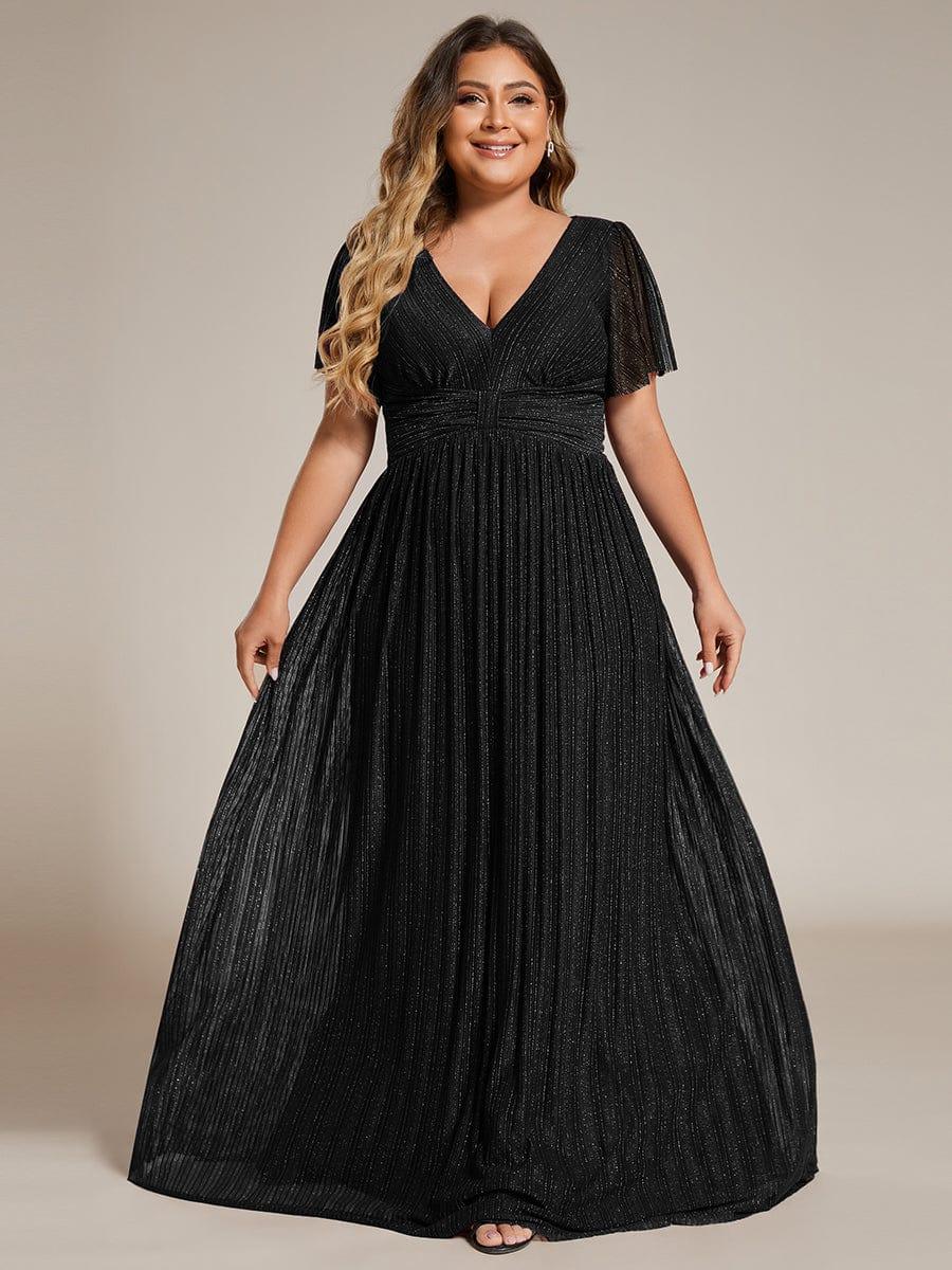 Plus Size V-Neck Glittery Short Sleeves Formal Evening Dress with Empire Waist #color_Black