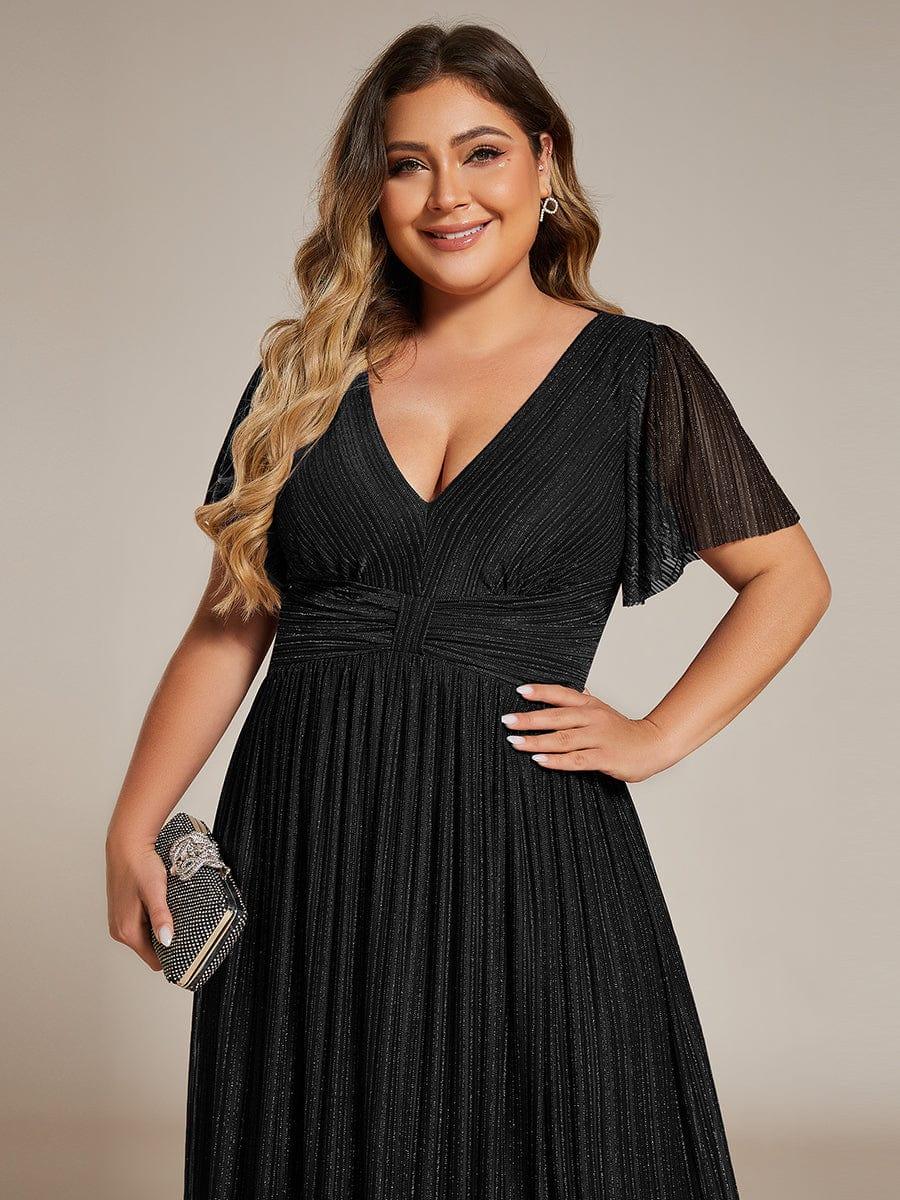 Plus Size V-Neck Glittery Short Sleeves Formal Evening Dress with Empire Waist #color_Black