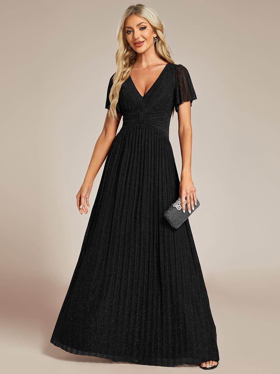 V-Neck Glittery Short Sleeves Formal Evening Dress with Empire Waist #color_Black