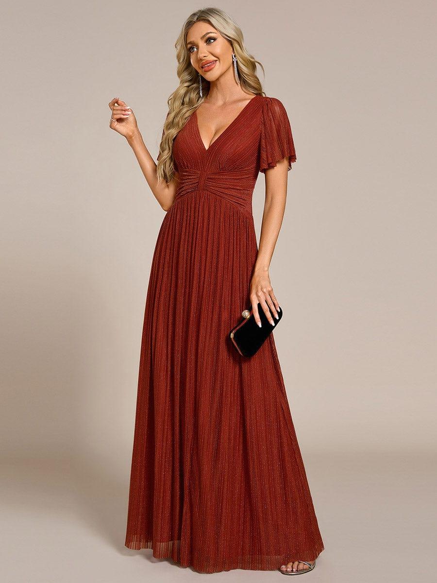 V-Neck Glittery Short Sleeves Formal Evening Dress with Empire Waist #color_Burnt Orange
