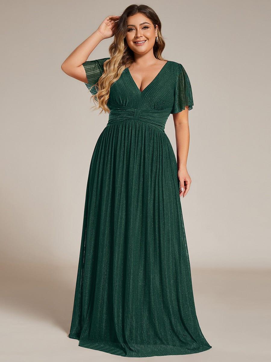 Plus Size V-Neck Glittery Short Sleeves Formal Evening Dress with Empire Waist #color_Dark Green