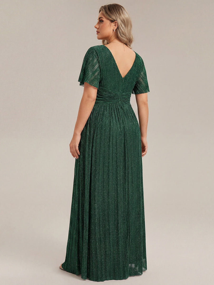 Plus Size V-Neck Glittery Short Sleeves Formal Evening Dress with Empire Waist #color_Dark Green