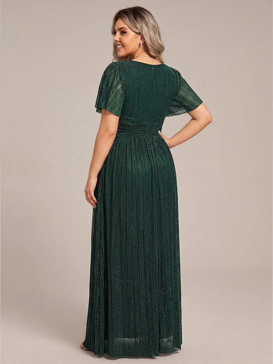 Plus Size V-Neck Glittery Short Sleeves Formal Evening Dress with Empire Waist #color_Dark Green