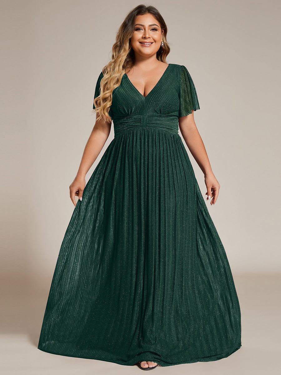 Plus Size V-Neck Glittery Short Sleeves Formal Evening Dress with Empire Waist #color_Dark Green