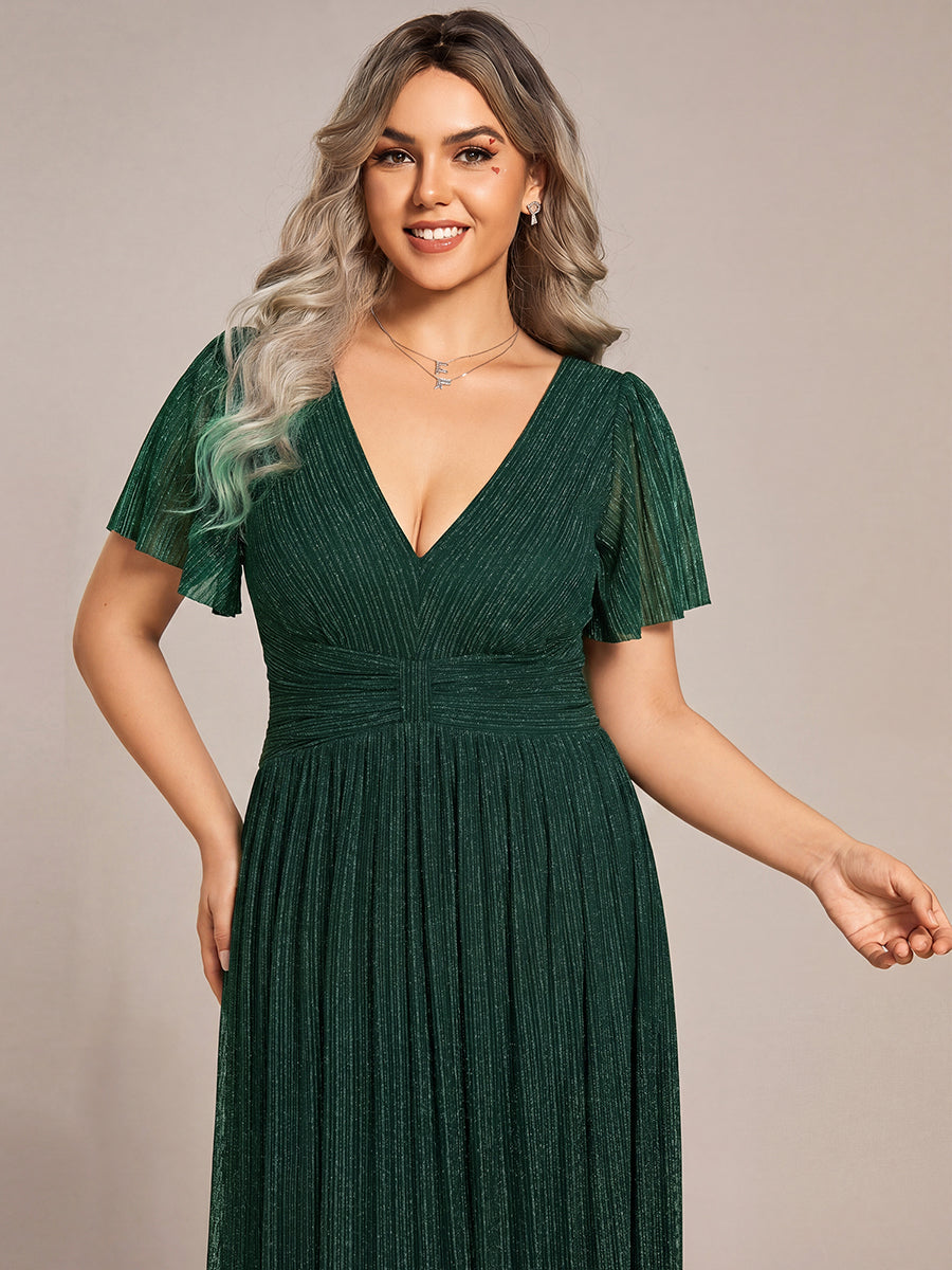 Plus Size V-Neck Glittery Short Sleeves Formal Evening Dress with Empire Waist #color_Dark Green