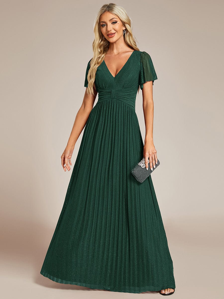 V-Neck Glittery Short Sleeves Formal Evening Dress with Empire Waist #color_Dark Green