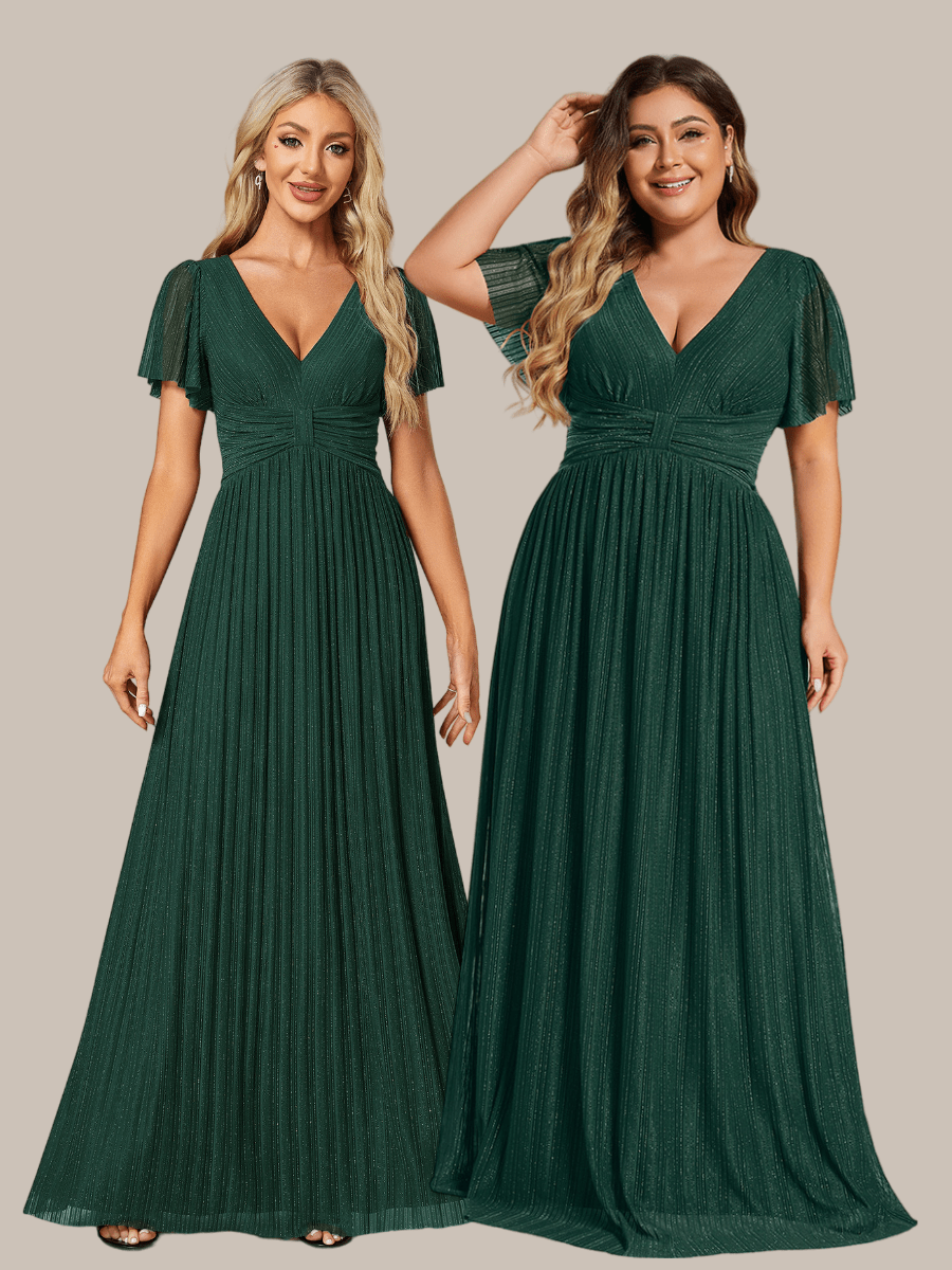 V-Neck Glittery Short Sleeves Formal Evening Dress with Empire Waist #color_Dark Green