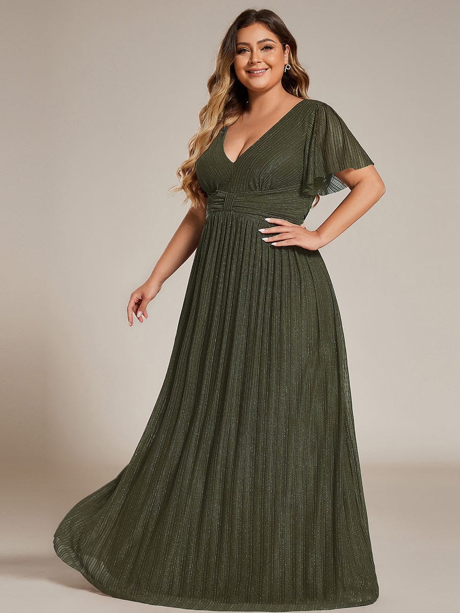 Plus Size V-Neck Glittery Short Sleeves Formal Evening Dress with Empire Waist #color_Olive Green