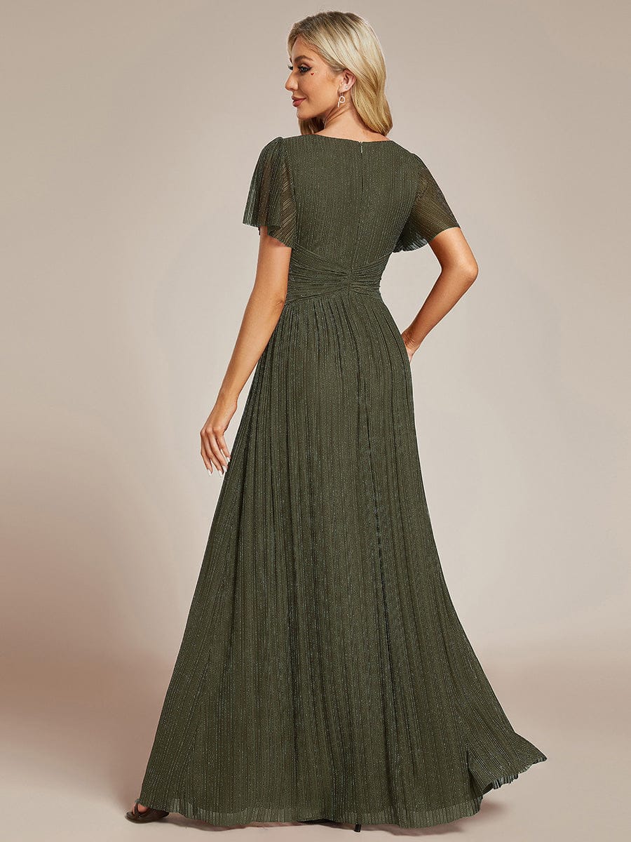 V-Neck Glittery Short Sleeves Formal Evening Dress with Empire Waist #color_Olive Green