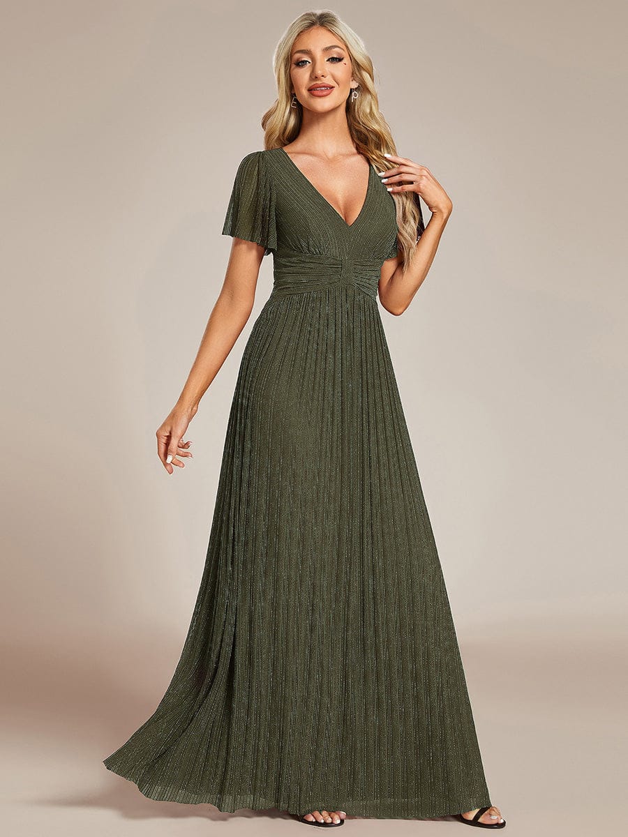 V-Neck Glittery Short Sleeves Formal Evening Dress with Empire Waist #color_Olive Green