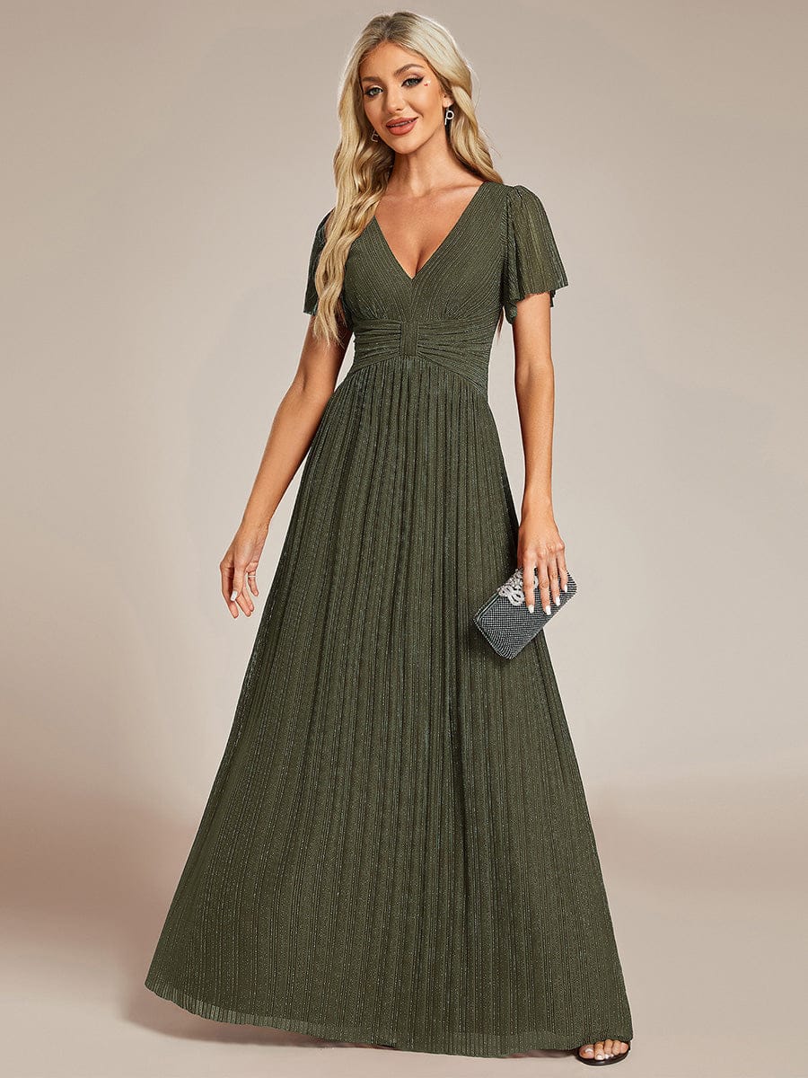 V-Neck Glittery Short Sleeves Formal Evening Dress with Empire Waist #color_Olive Green