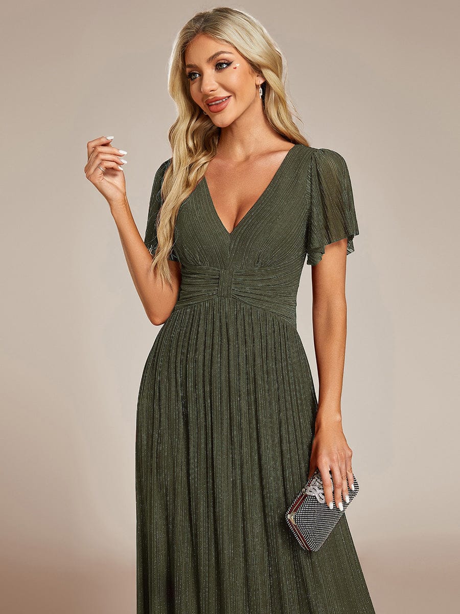 V-Neck Glittery Short Sleeves Formal Evening Dress with Empire Waist #color_Olive Green