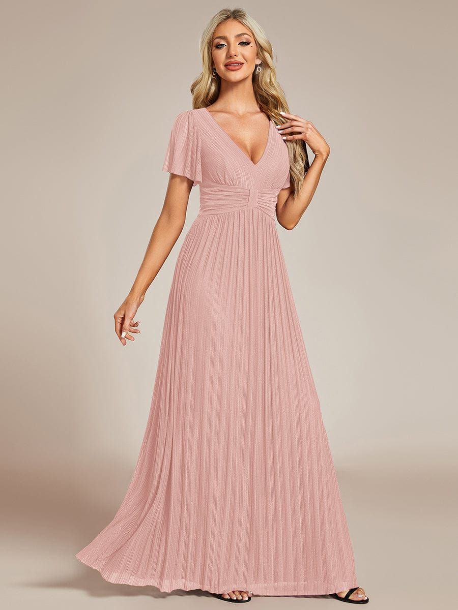 V-Neck Glittery Short Sleeves Formal Evening Dress with Empire Waist #color_Pink