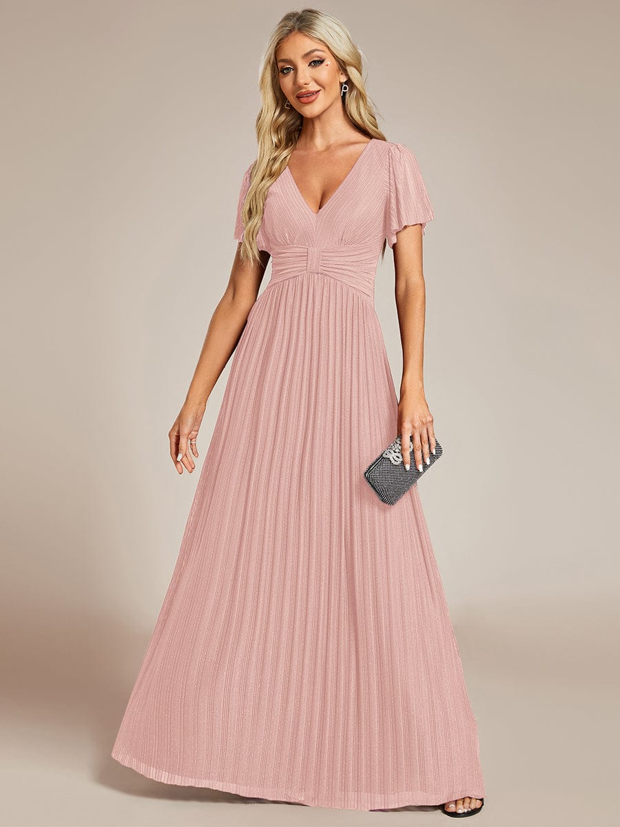 V-Neck Glittery Short Sleeves Formal Evening Dress with Empire Waist #color_Pink