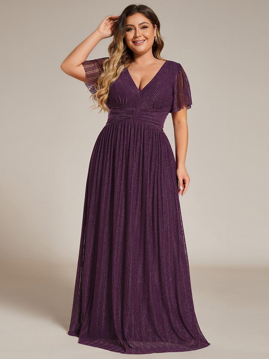 Plus Size V-Neck Glittery Short Sleeves Formal Evening Dress with Empire Waist #color_Purple Wisteria