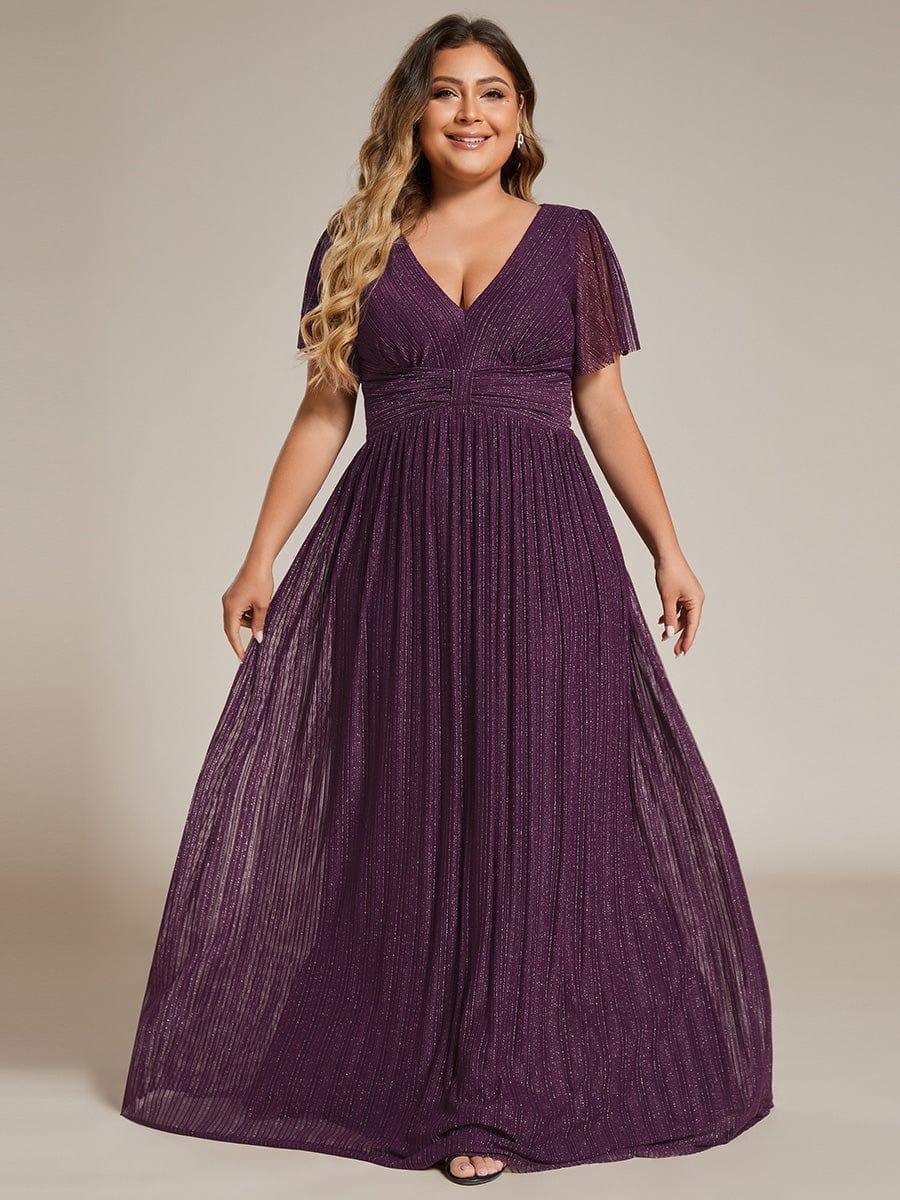 Plus Size V-Neck Glittery Short Sleeves Formal Evening Dress with Empire Waist #color_Purple Wisteria