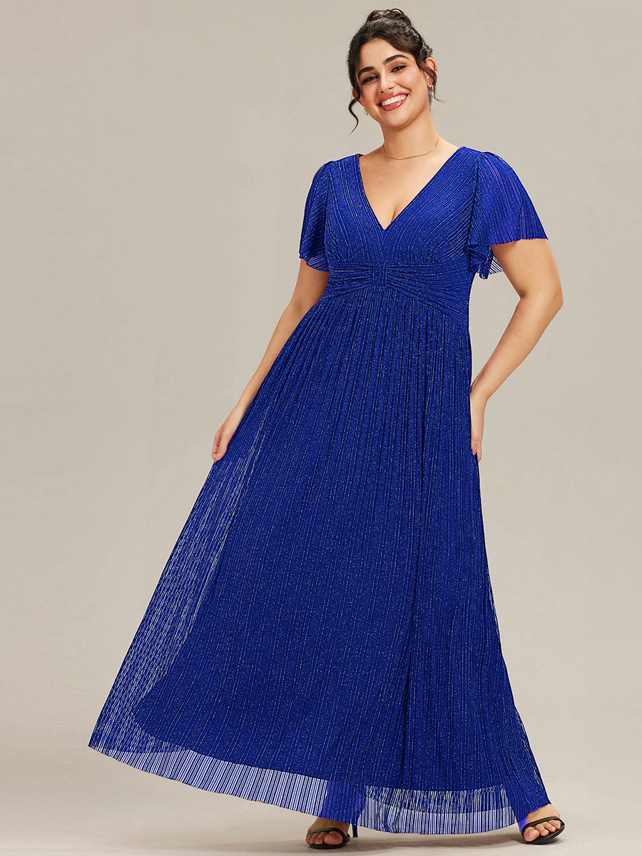 Plus Size V-Neck Glittery Short Sleeves Formal Evening Dress with Empire Waist #color_Sapphire Blue