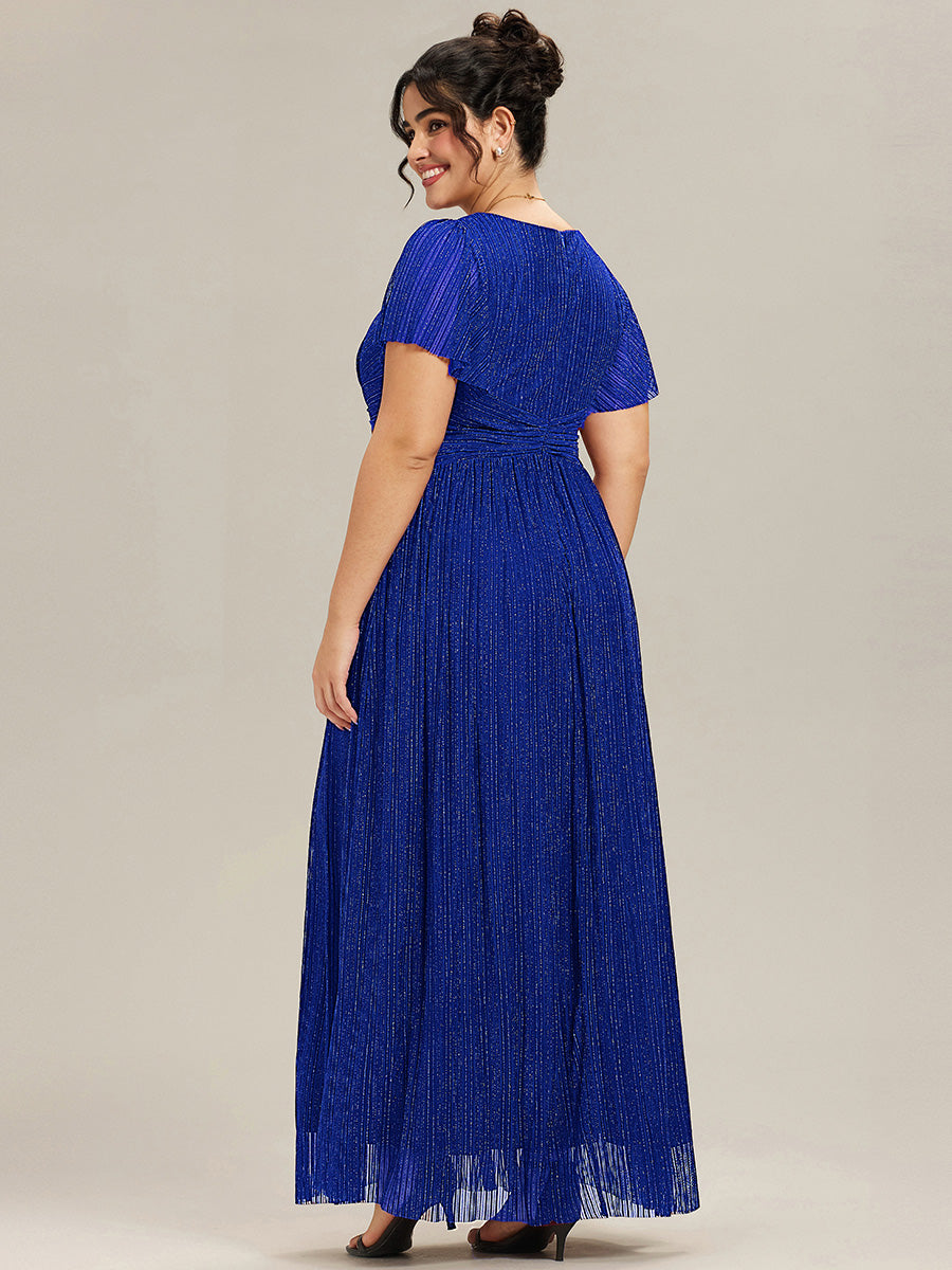 Plus Size V-Neck Glittery Short Sleeves Formal Evening Dress with Empire Waist #color_Sapphire Blue