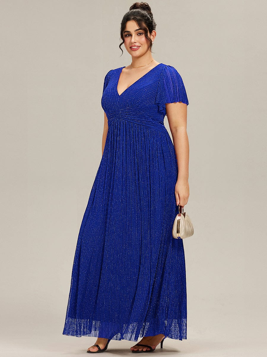 V-Neck Glittery Short Sleeves Formal Evening Dress with Empire Waist #color_Sapphire Blue