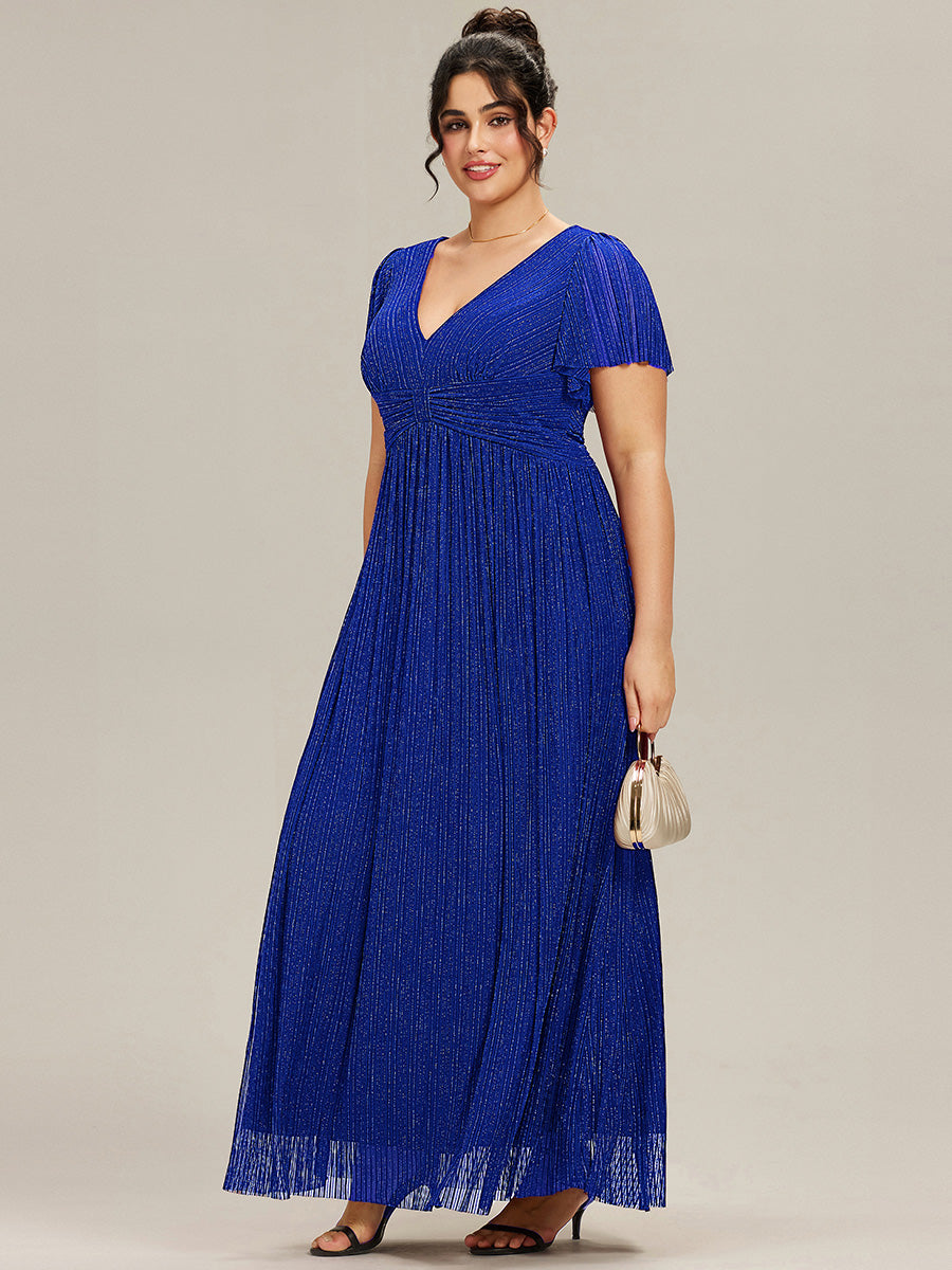 Plus Size V-Neck Glittery Short Sleeves Formal Evening Dress with Empire Waist #color_Sapphire Blue