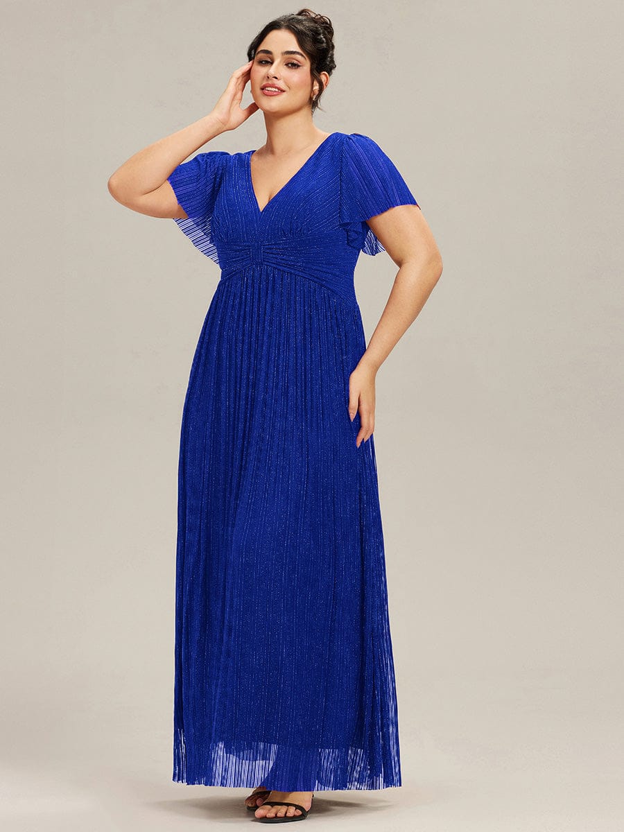 Plus Size V-Neck Glittery Short Sleeves Formal Evening Dress with Empire Waist #color_Sapphire Blue