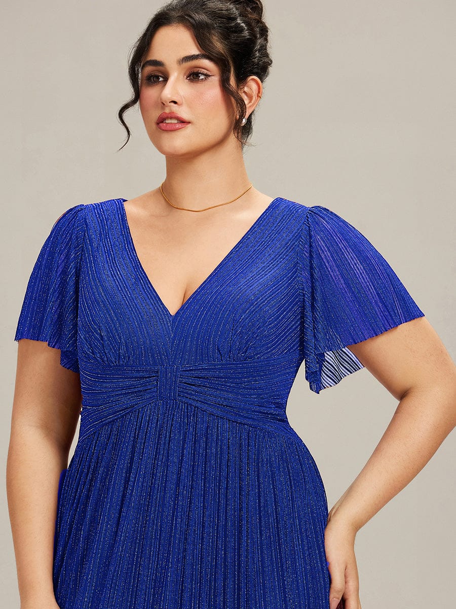 Plus Size V-Neck Glittery Short Sleeves Formal Evening Dress with Empire Waist #color_Sapphire Blue