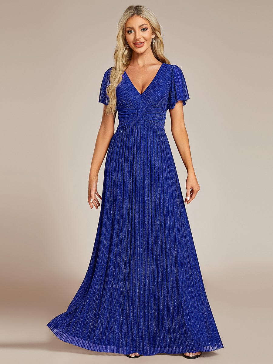 V-Neck Glittery Short Sleeves Formal Evening Dress with Empire Waist #color_Sapphire Blue