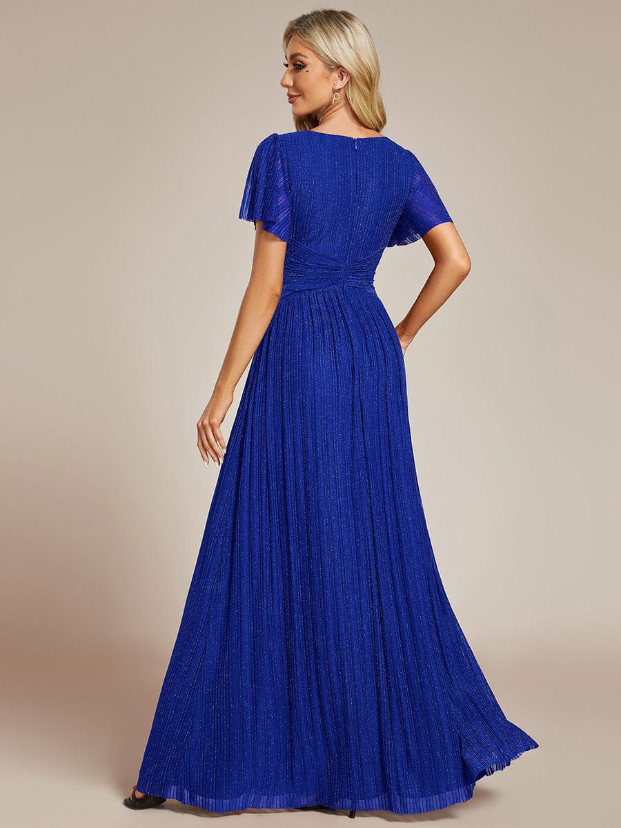 V-Neck Glittery Short Sleeves Formal Evening Dress with Empire Waist #color_Sapphire Blue