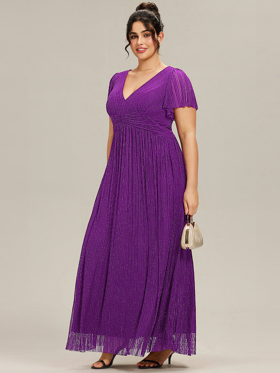 Plus Size V-Neck Glittery Short Sleeves Formal Evening Dress with Empire Waist #color_Sparkling Grape