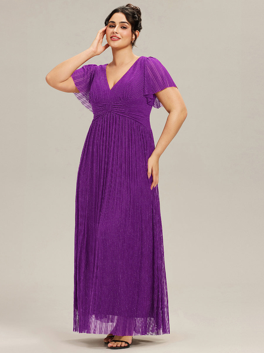 Plus Size V-Neck Glittery Short Sleeves Formal Evening Dress with Empire Waist #color_Sparkling Grape