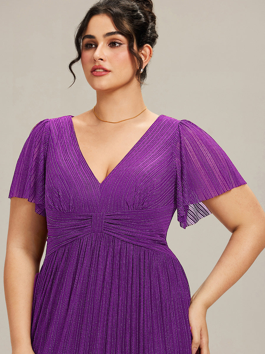 Plus Size V-Neck Glittery Short Sleeves Formal Evening Dress with Empire Waist #color_Sparkling Grape