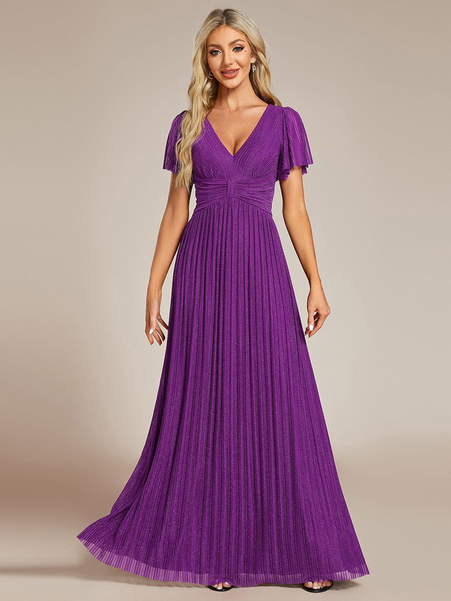 V-Neck Glittery Short Sleeves Formal Evening Dress with Empire Waist #color_Sparkling Grape