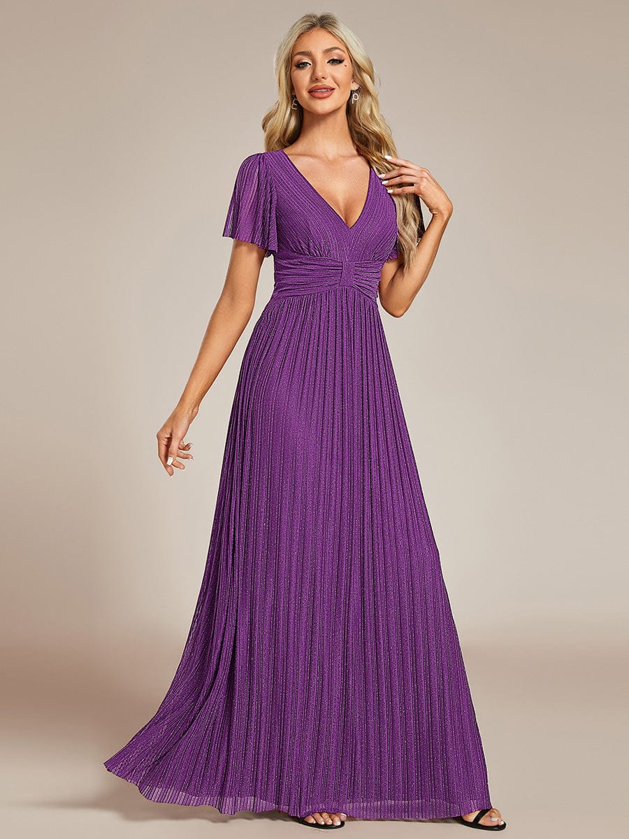 V-Neck Glittery Short Sleeves Formal Evening Dress with Empire Waist #color_Sparkling Grape