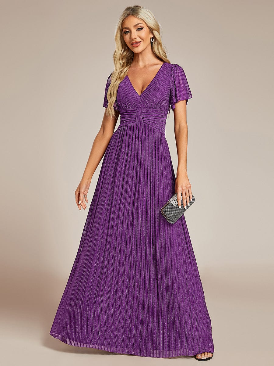 V-Neck Glittery Short Sleeves Formal Evening Dress with Empire Waist #color_Sparkling Grape