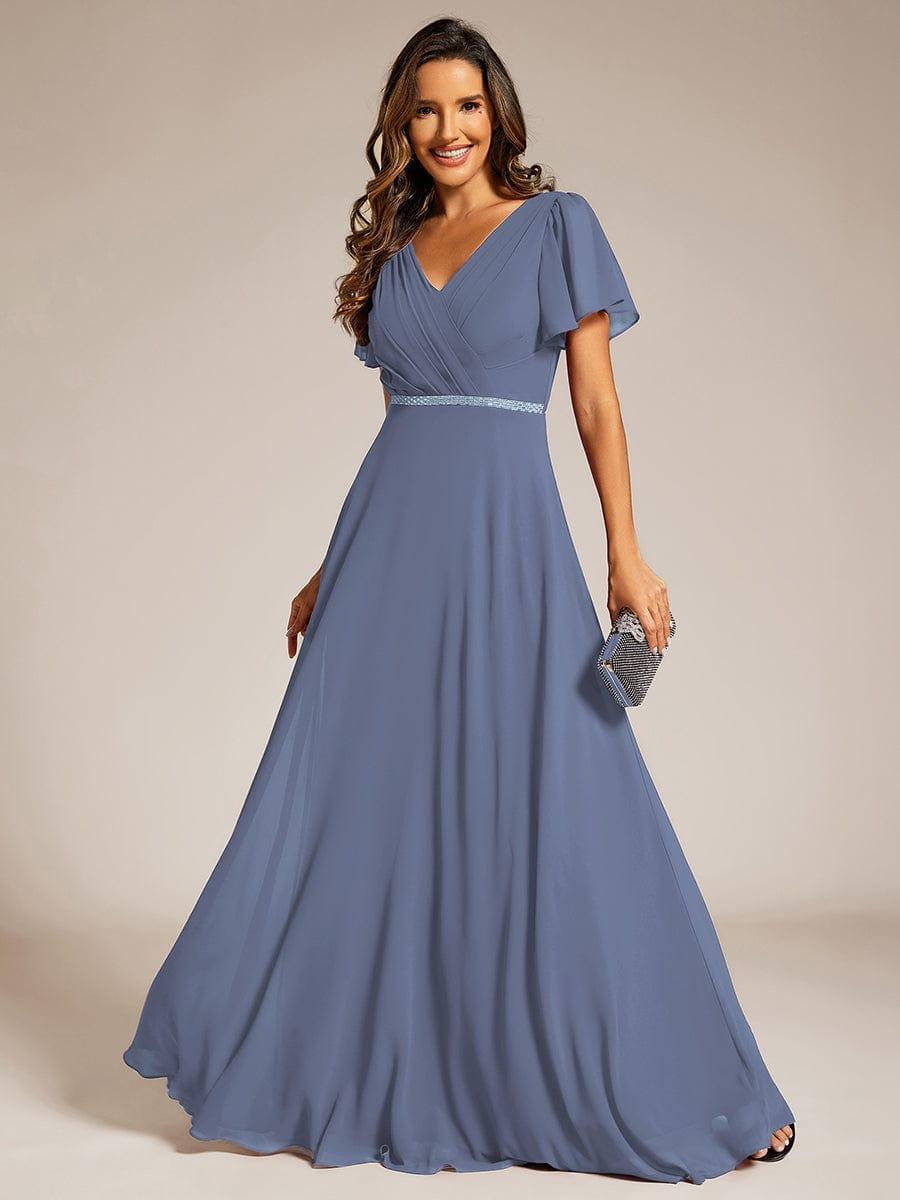 Pleated A-Line Chiffon Evening Dress with Short Sleeves and Sequin Waist #color_Dusty Blue