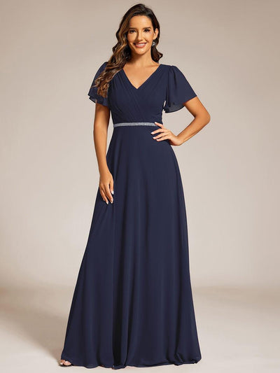 ever LAYLAH|Pleated A-Line Chiffon Formal Evening Dress with Short Sleeves and Sequin Waist