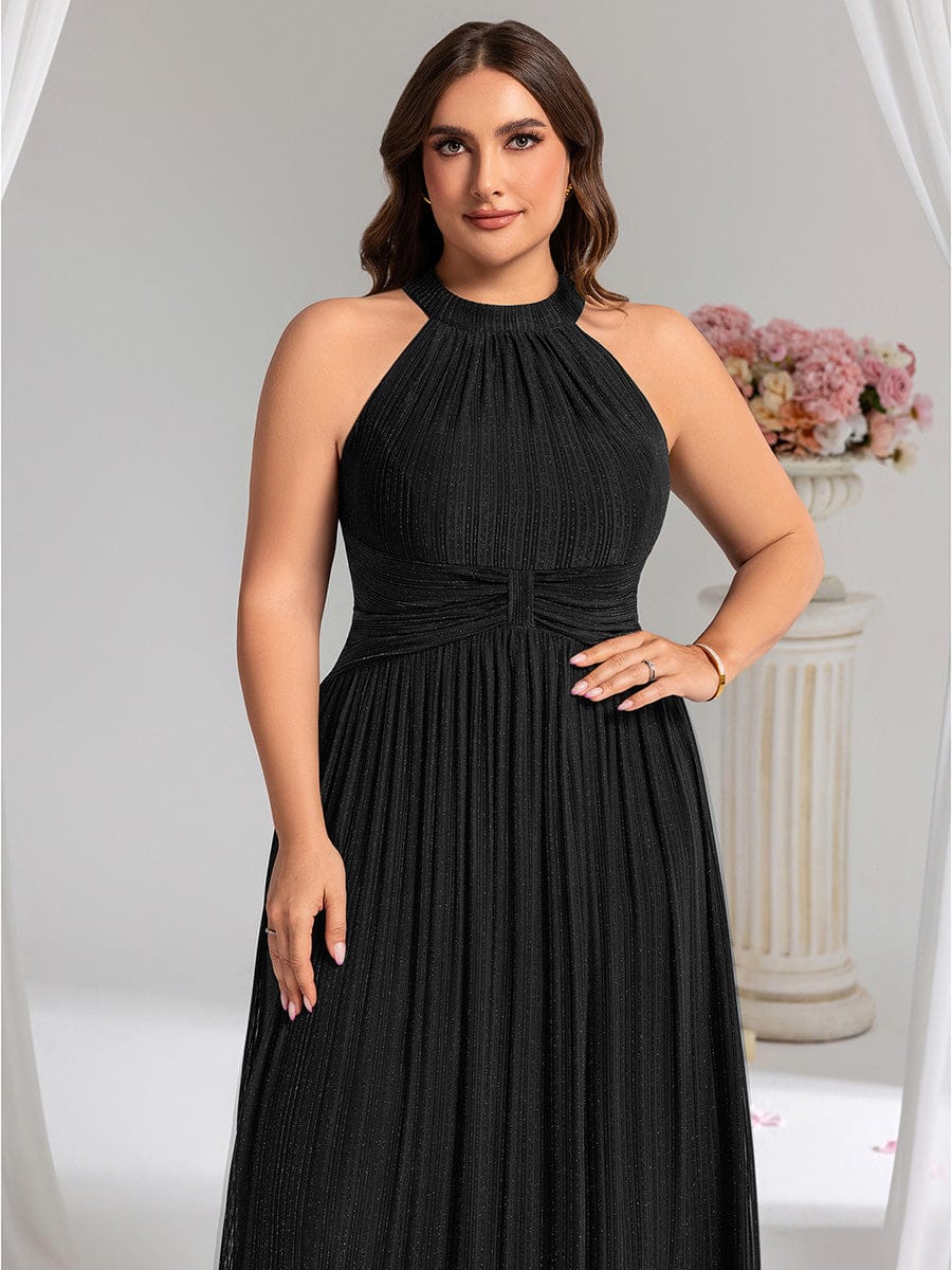 Halter Neck Pleated Glittery Formal Evening Dress with Empire Waist #color_Black