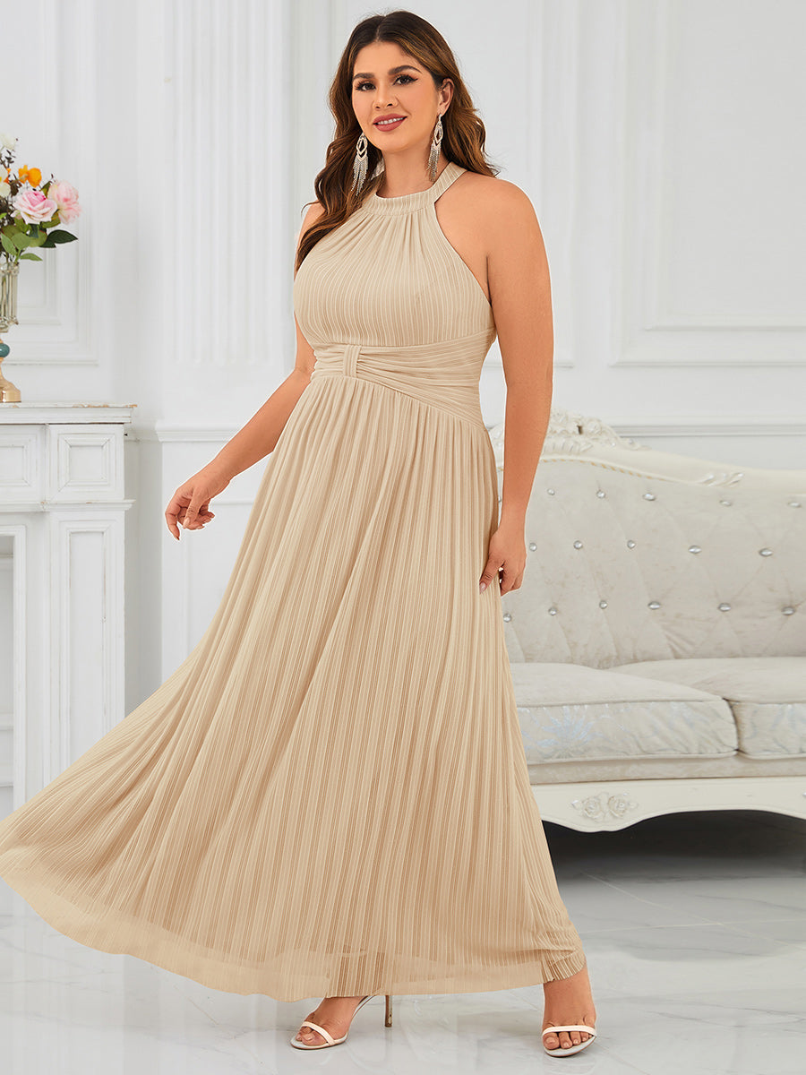 Plus Size Glittery Halter Neck Pleated Formal Evening Dress #color_Champagne
