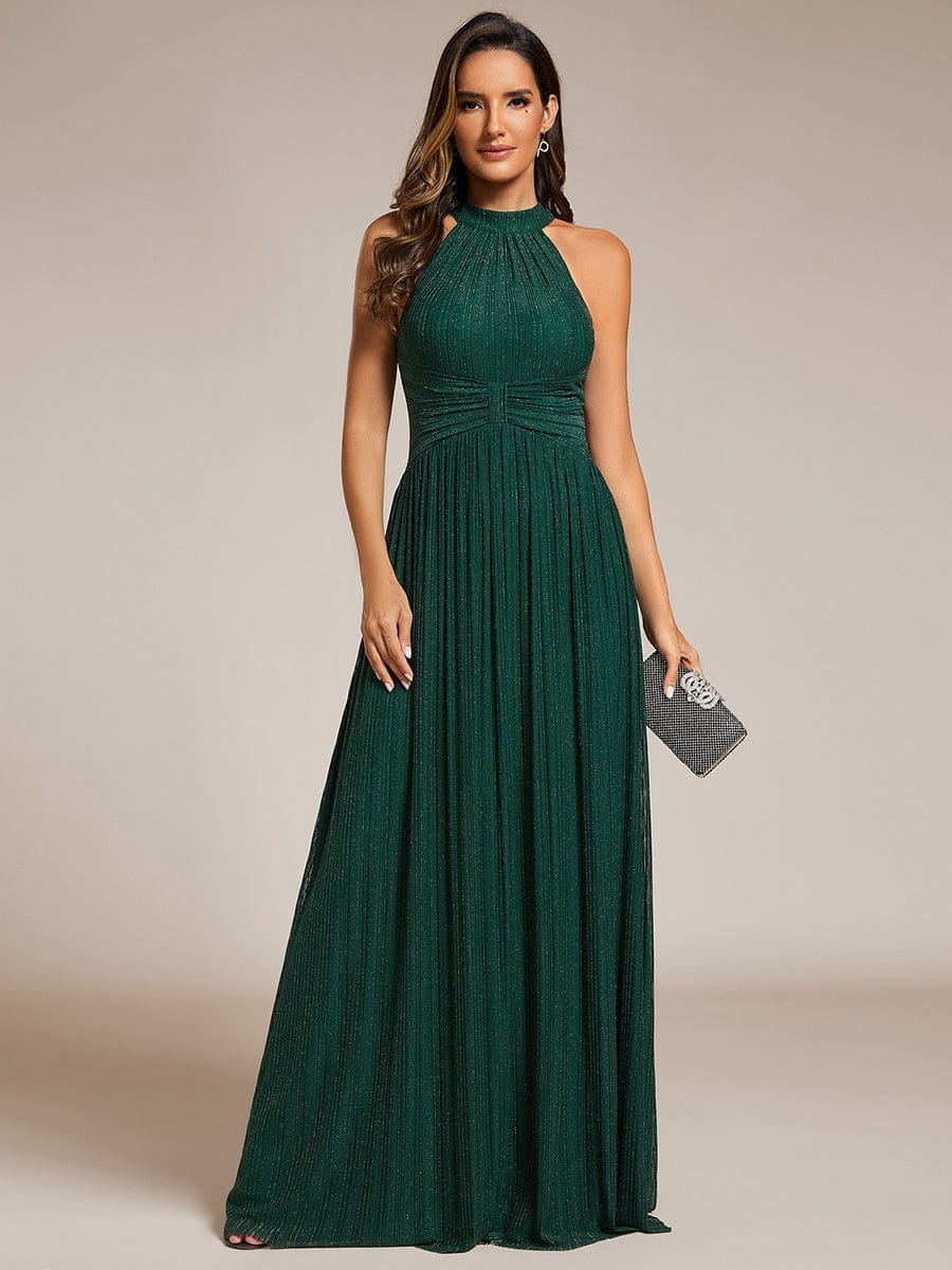 Halter Neck Pleated Glittery Formal Evening Dress with Empire Waist #color_Dark Green