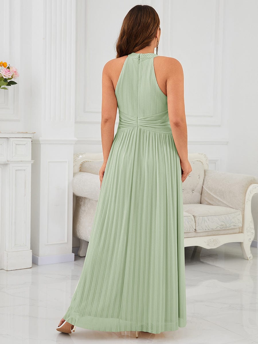 Halter Neck Pleated Glittery Formal Evening Dress with Empire Waist #color_Mint Green