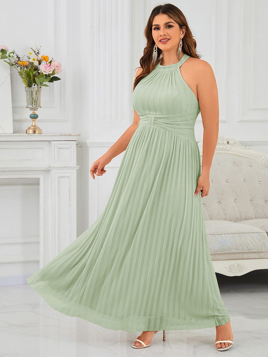 Halter Neck Pleated Glittery Formal Evening Dress with Empire Waist #color_Mint Green