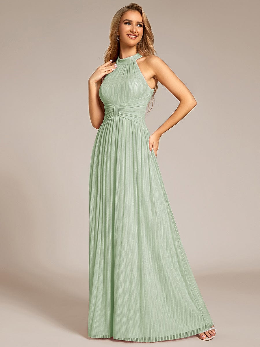 Halter Neck Pleated Glittery Formal Evening Dress with Empire Waist #color_Mint Green