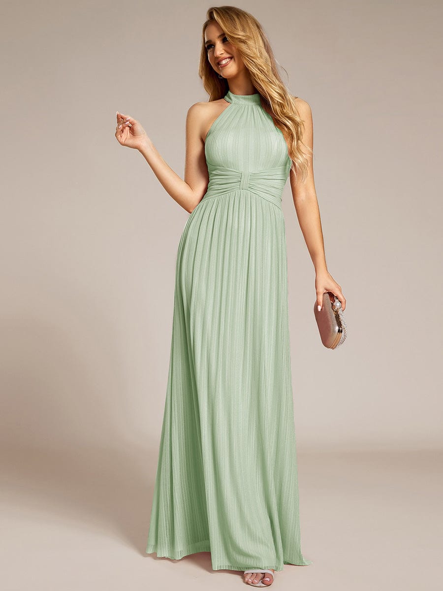 Halter Neck Pleated Glittery Formal Evening Dress with Empire Waist #color_Mint Green