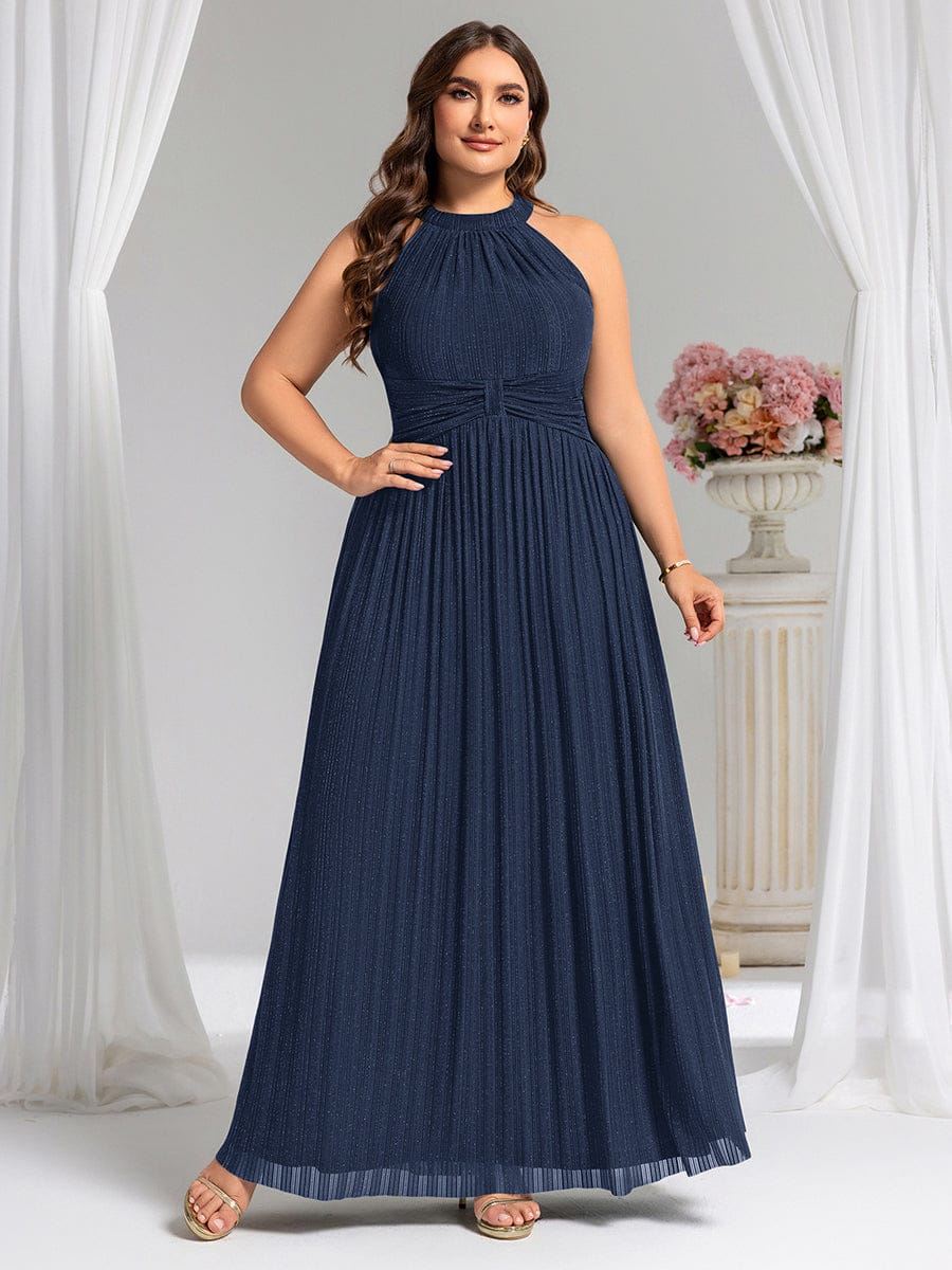 Halter Neck Pleated Glittery Formal Evening Dress with Empire Waist #color_Navy Blue