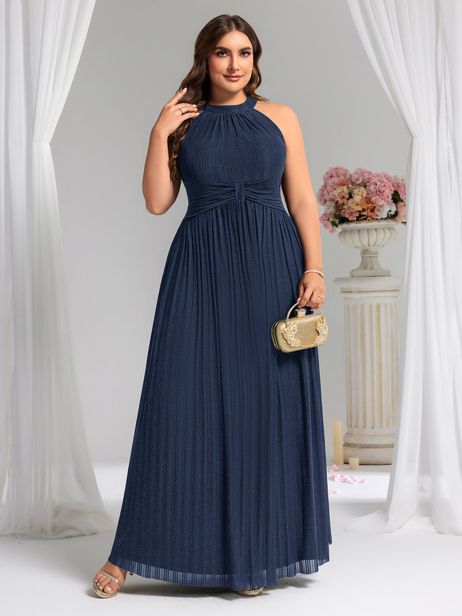 Plus Size Glittery Halter Neck Pleated Formal Evening Dress #color_Navy Blue