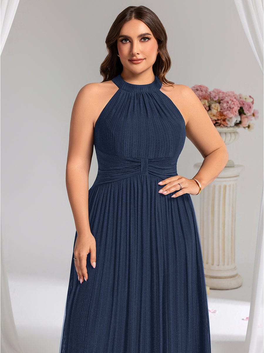 Halter Neck Pleated Glittery Formal Evening Dress with Empire Waist #color_Navy Blue
