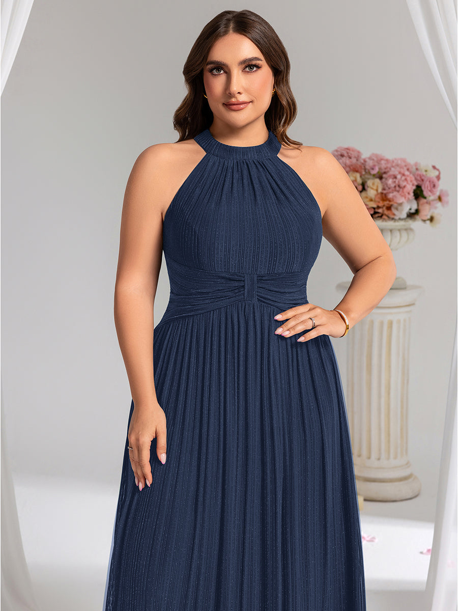 Plus Size Glittery Halter Neck Pleated Formal Evening Dress #color_Navy Blue