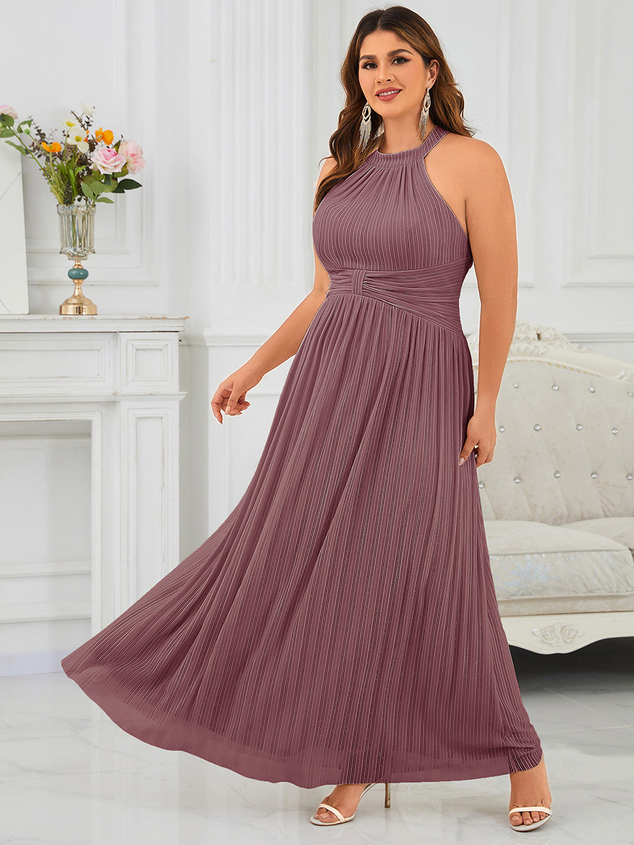 Plus Size Glittery Halter Neck Pleated Formal Evening Dress #color_Purple Orchid