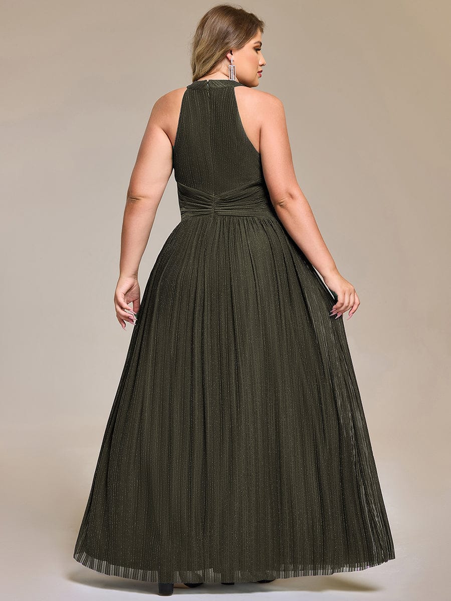 Halter Neck Pleated Glittery Formal Evening Dress with Empire Waist #color_Olive Green
